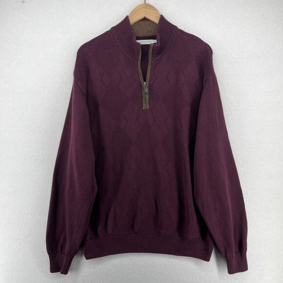 ALEX CANNON Sweater Mens XL 1/4 Zip Jumper Argyle Cotton Pullover Maroon - Picture 1 of 14